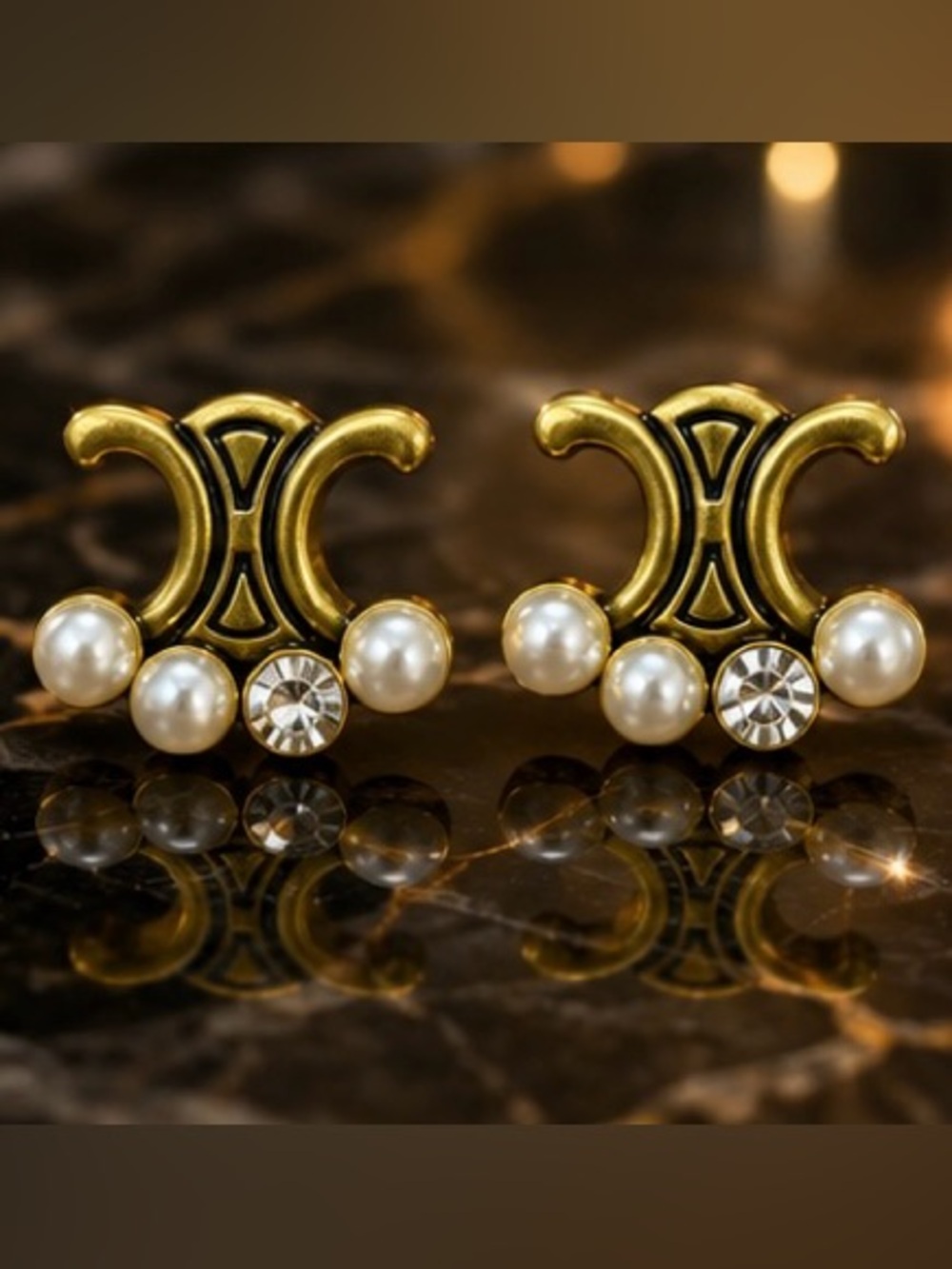 Gold Tone Pearl Crystal Statement Stud Earrings Vintage Glam